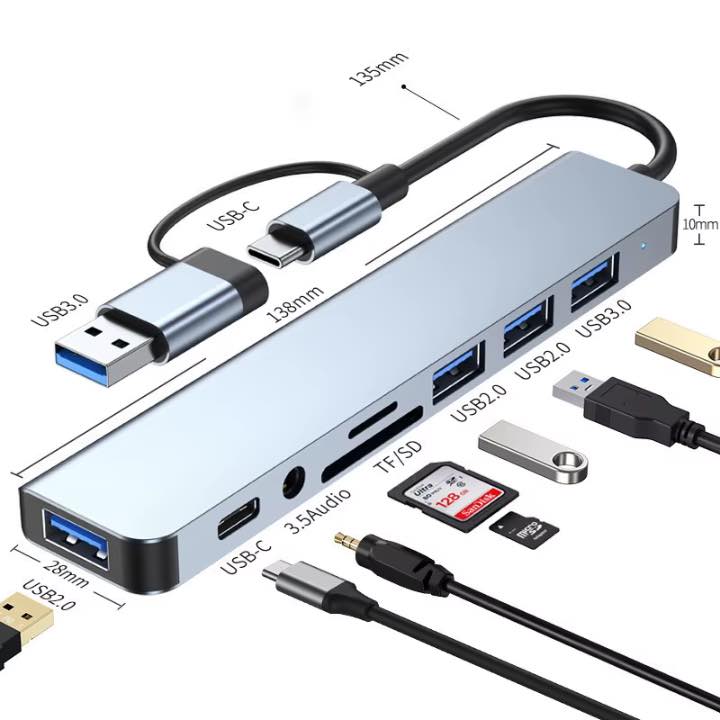8 em 2 USB + Tipo C HUB Docking Station com 3.5mm Audio Jack Adaptador para Micro SD Leitor de Cartão Laptop Tablet Phone Disk Converter
