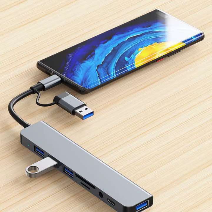 8 em 2 USB + Tipo C HUB Docking Station com 3.5mm Audio Jack Adaptador para Micro SD Leitor de Cartão Laptop Tablet Phone Disk Converter